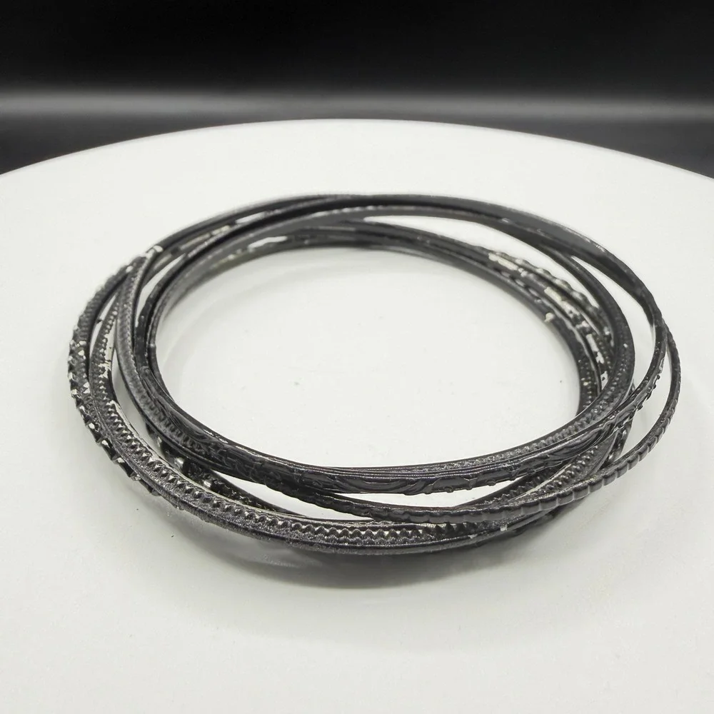 Black Textured Bangle Bracelet Set Stack Gothic Boho Layering Fashion 7 Pcs